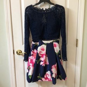 2 Piece Lace Homecoming Dress Blue Floral